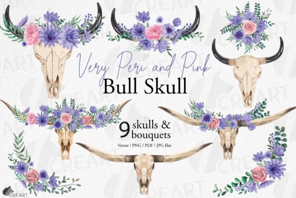 Very Peri Floral Bull Skull and Bouquets: A Modern Bohemian Design Essential